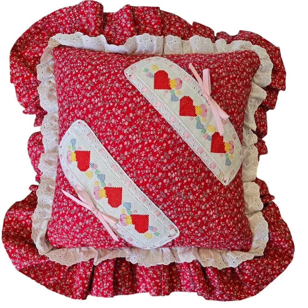 Vintage 80s 90s Carebears Pillow Brave Heart Lion‎ Cross Stitch Ruffle Floral